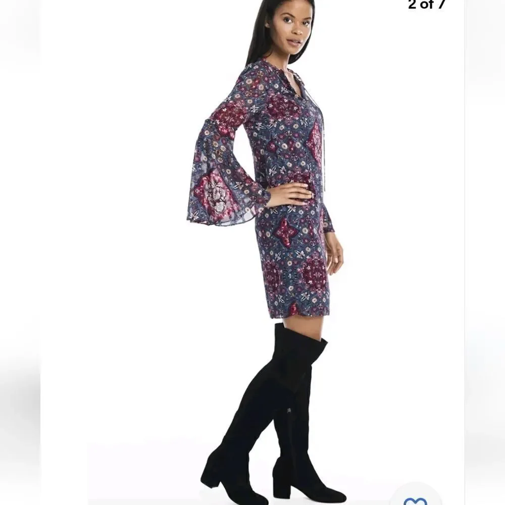 White House Black Market Long Bell Sleeve Medallion Print Shift Dress Size L NWT